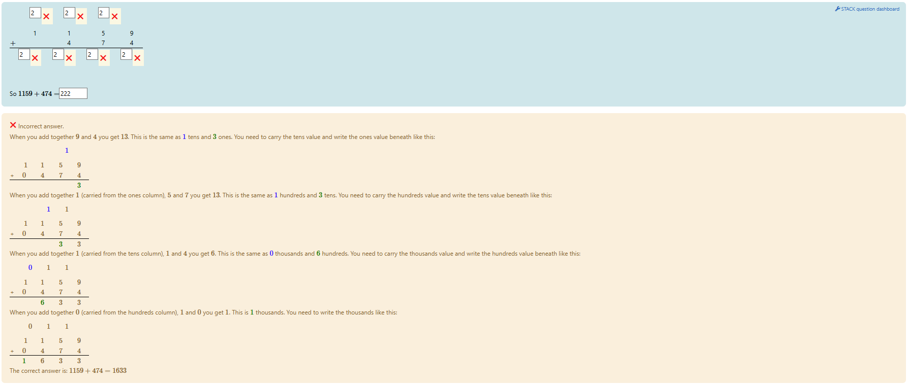 A screen shot of a STACK question showing the vertical arithmetic algorithm